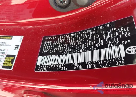 2021 Toyota Corolla Le from USA, damaged, VIN 5YFEPMAE4MP237749